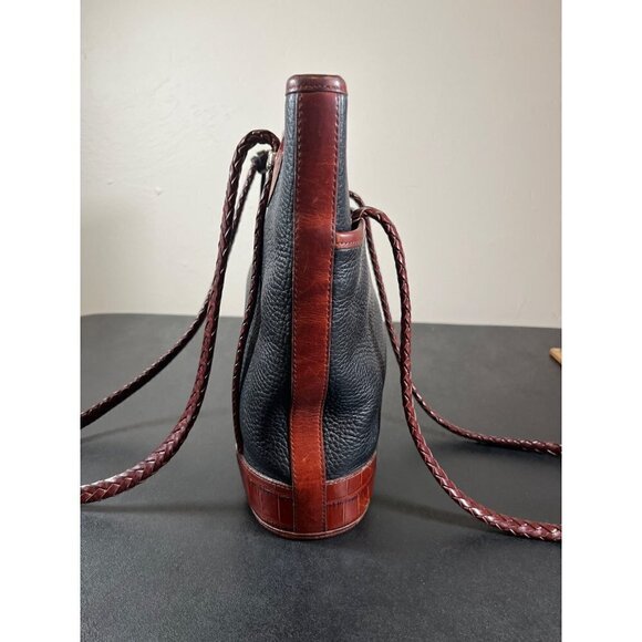 BRIGHTON Pebbled Black Leather Bucket Bag Purse Embossed Brown Croc Leather - Picture 9 of 16